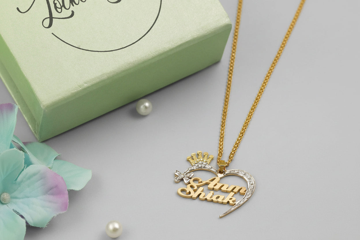 Two Tone Butterfly Crown Heart Couple Name Necklace