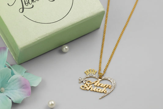 Two Tone Butterfly Crown Heart Couple Name Necklace