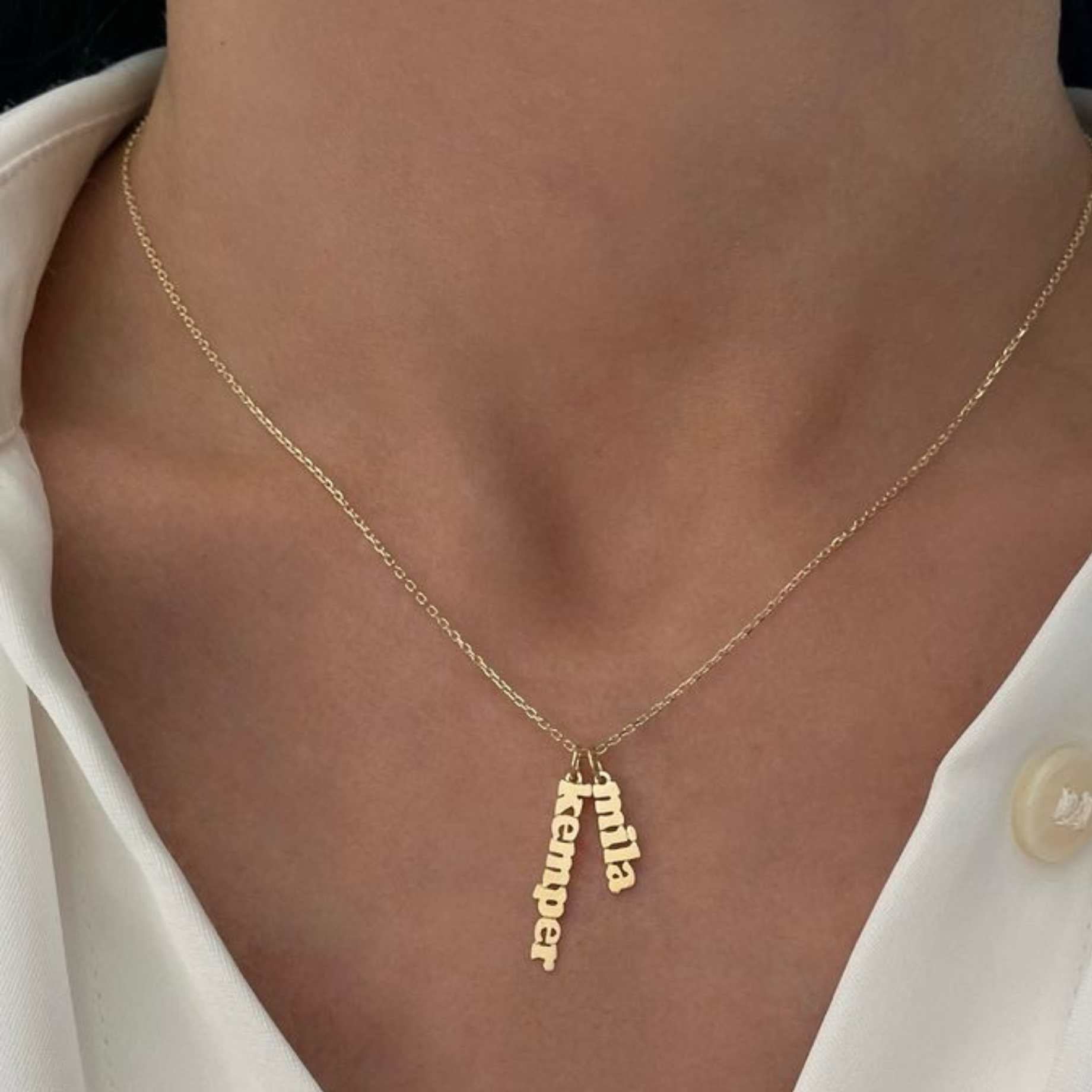 Personalised Two Hanging Names Necklace – 22 Carat Gold Plated & 925 Silver Plated