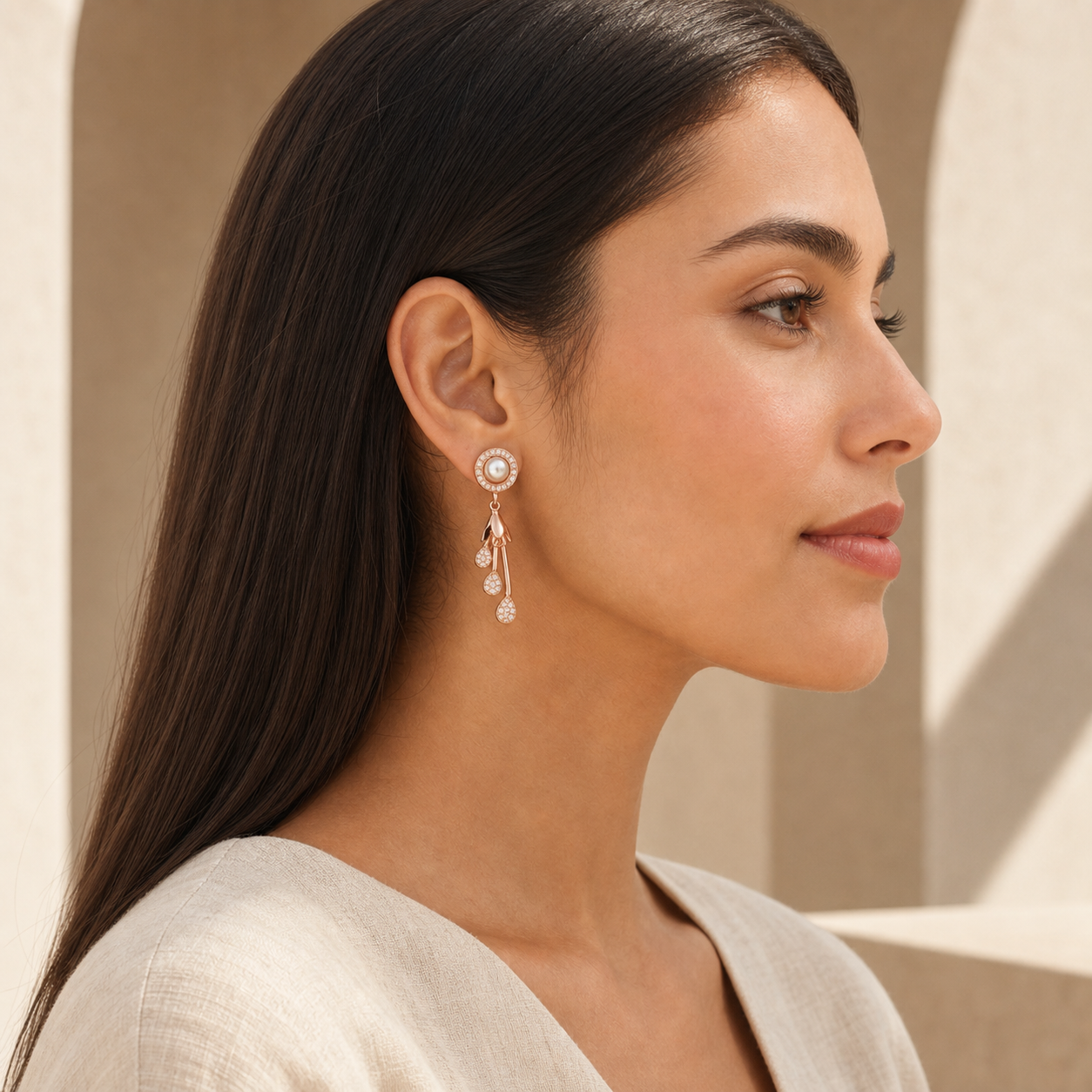 Cascade Drop Earrings worn in a lifestyle portrait