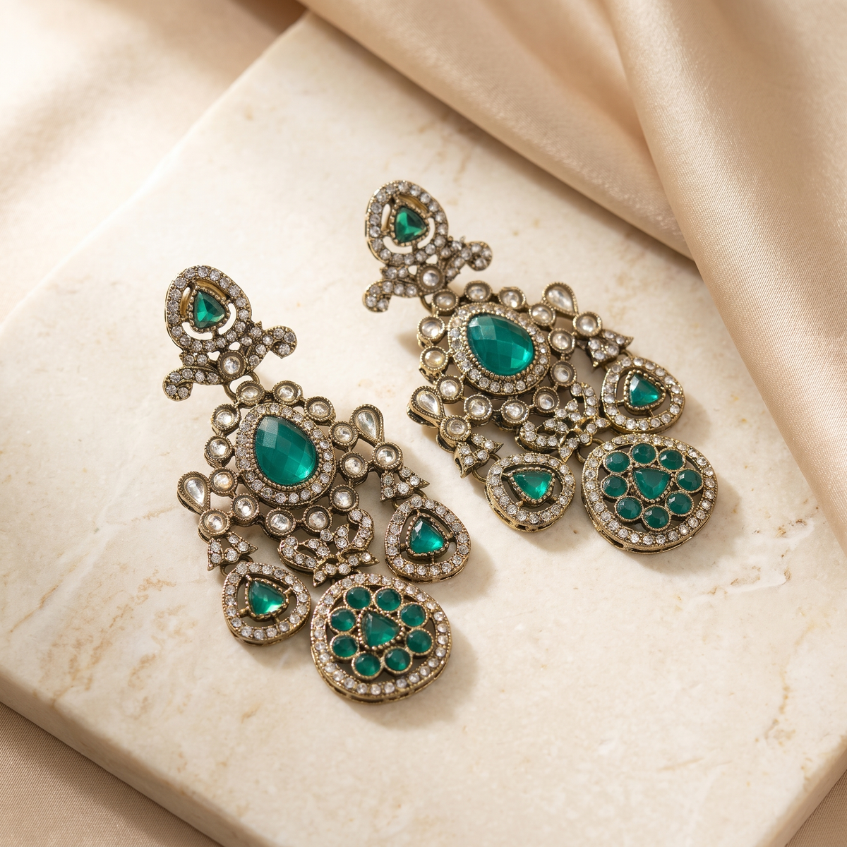Emerald green statement drop earrings with clear stone detailing - alternate view