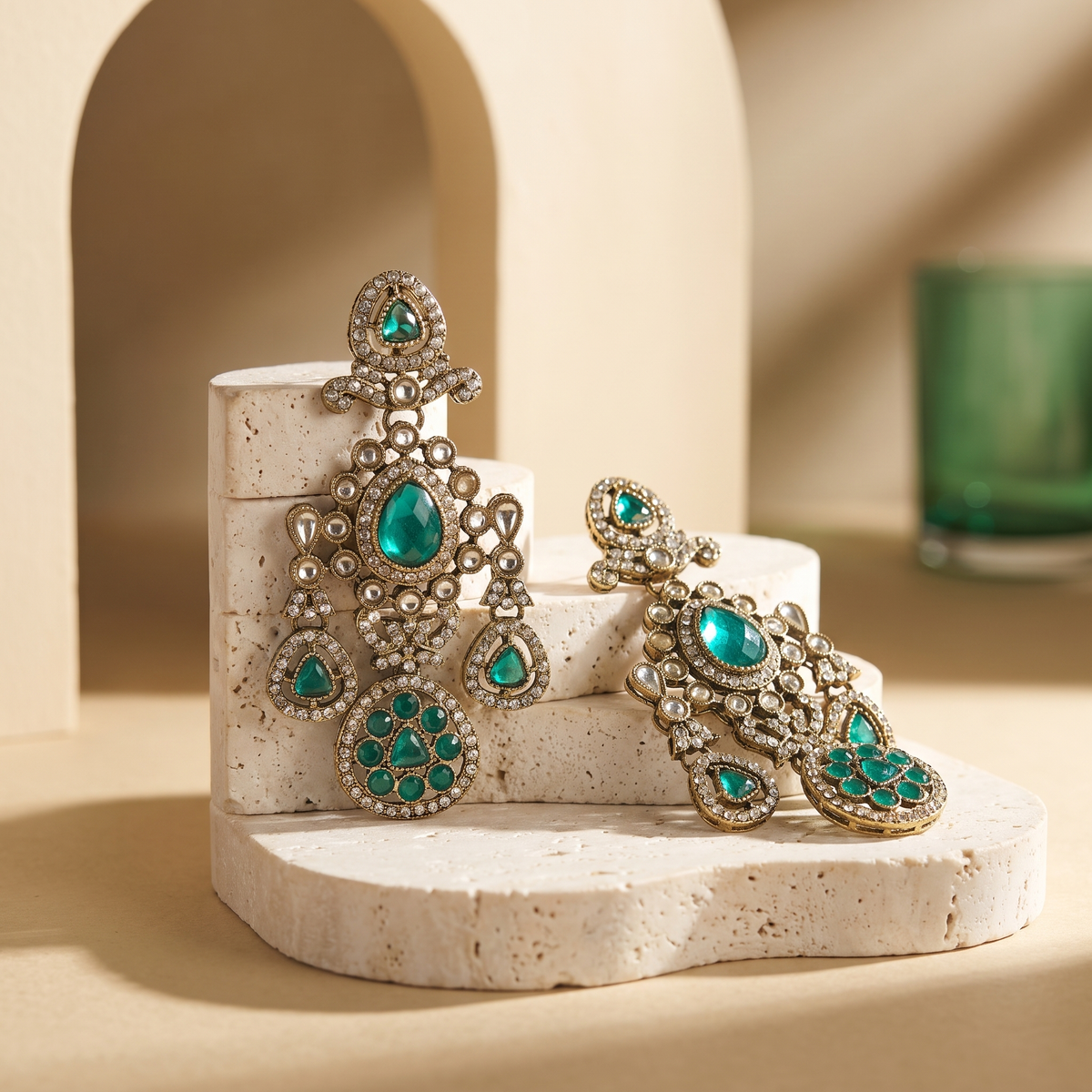 Antique gold-tone green stone drop earrings by AuraZ - detail view