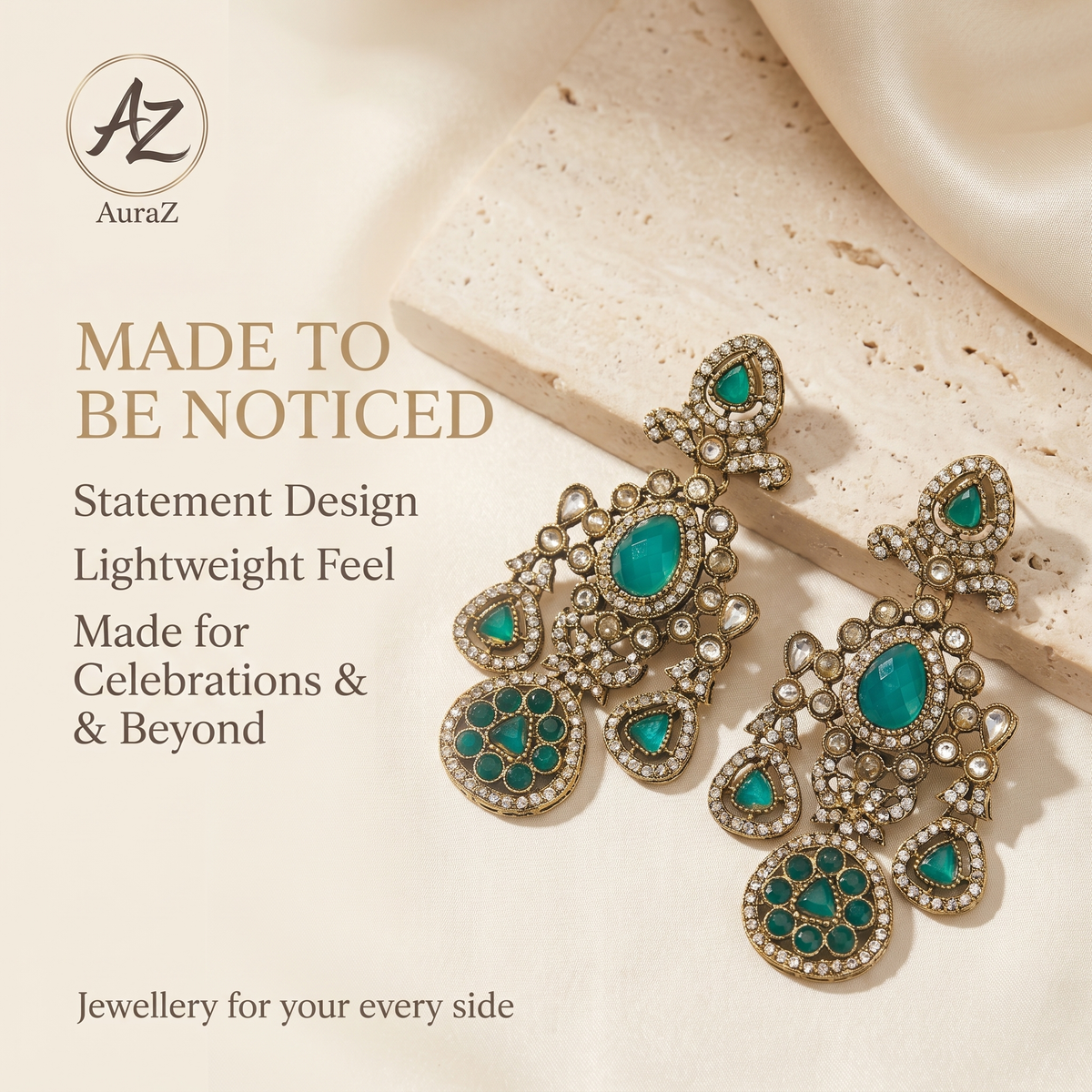 Emerald green Indian statement drop earrings with clustered drops - close-up