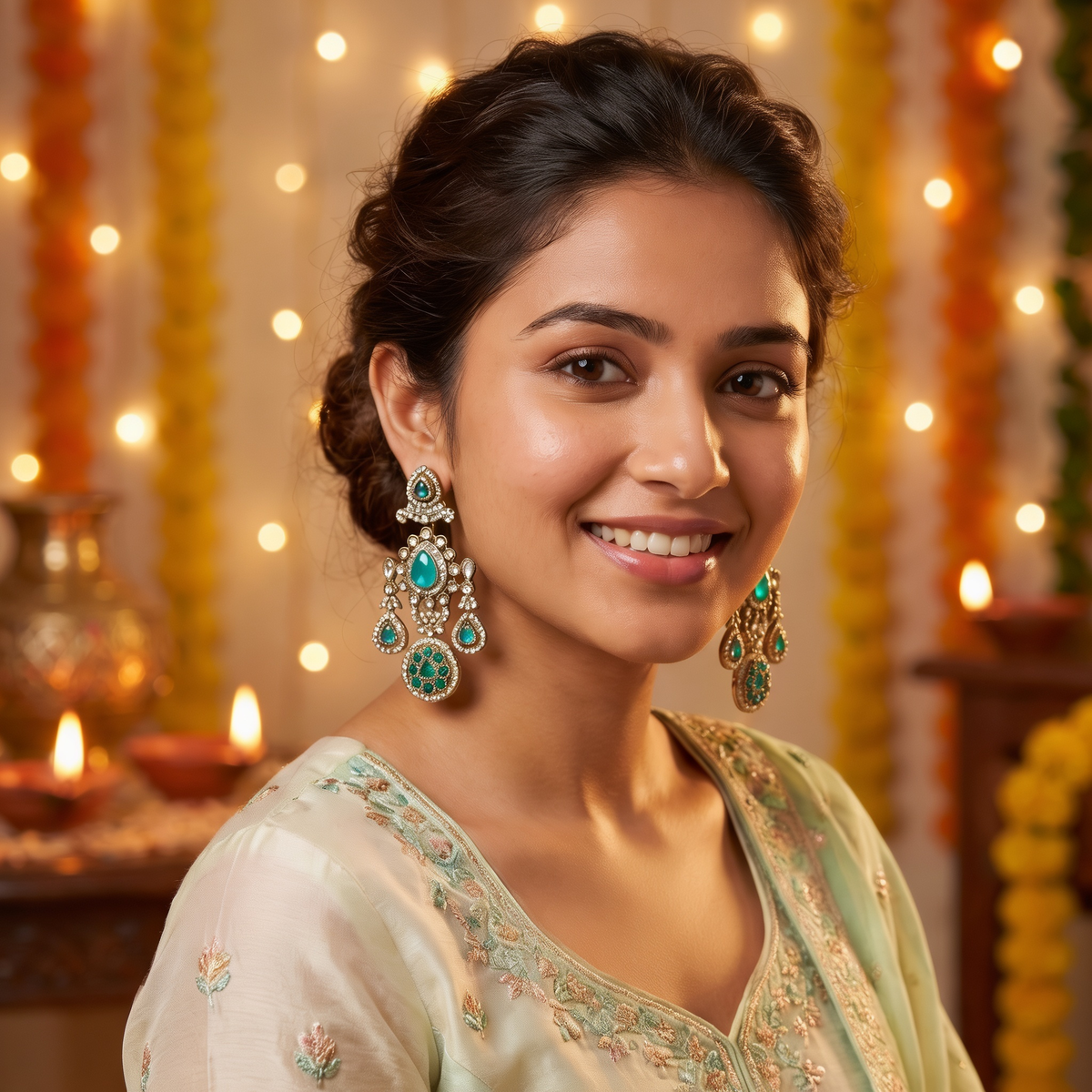 Emerald green antique gold-tone drop earrings by AuraZ