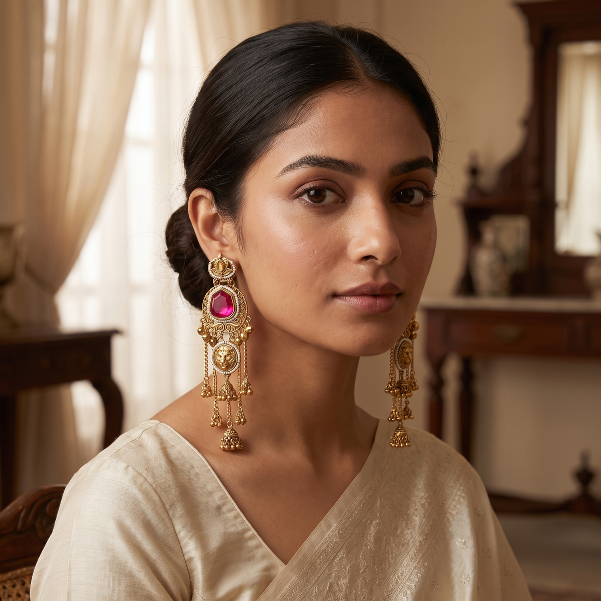 Rani Ruby antique gold-tone statement earrings by AuraZ - alternate view