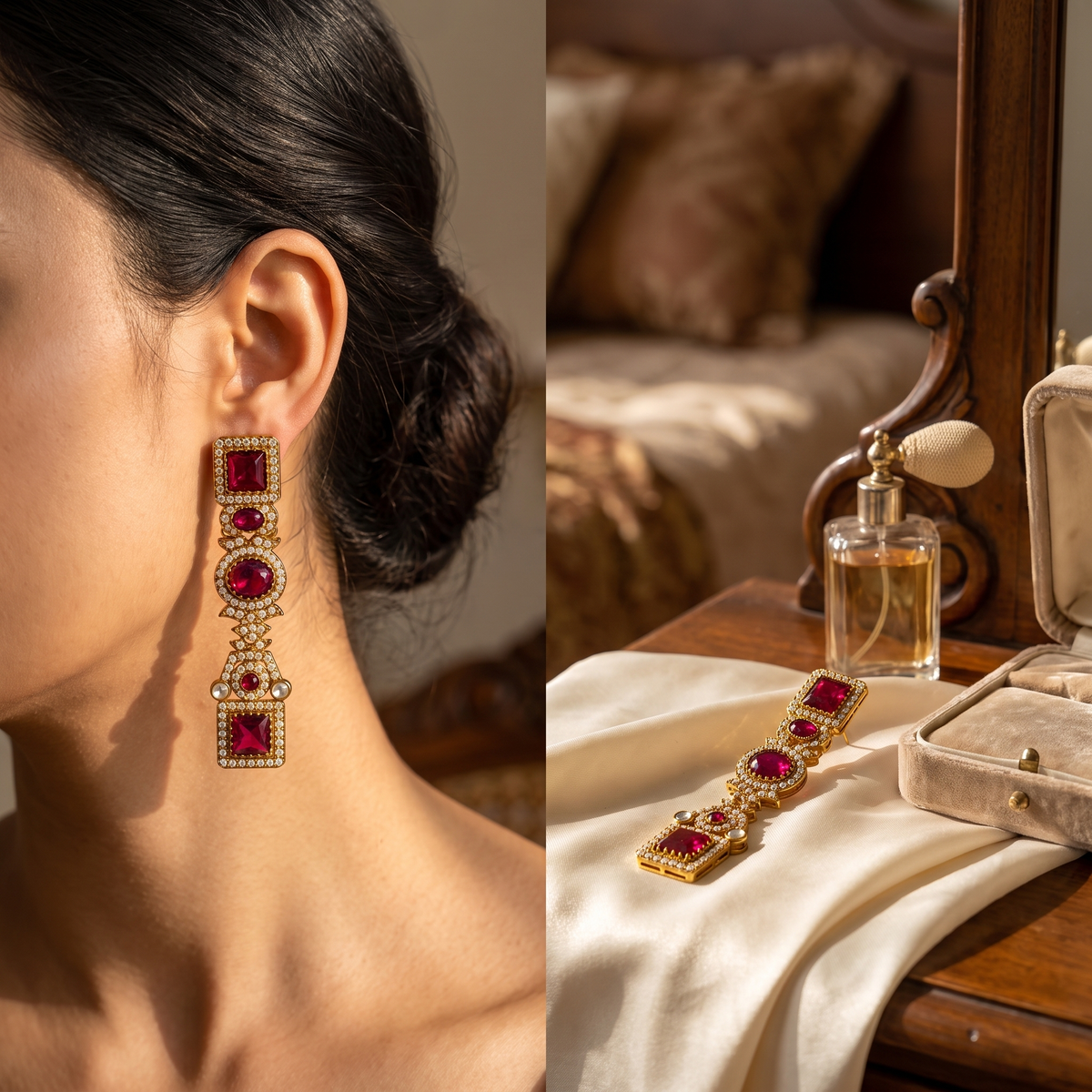 Deep maroon stone statement earrings by AuraZ