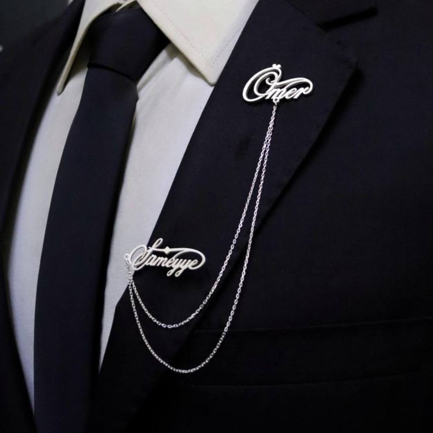 Personalized 22K Anti-Tarnish Gold & 925 Silver Name Chain Brooch for Special Occasions