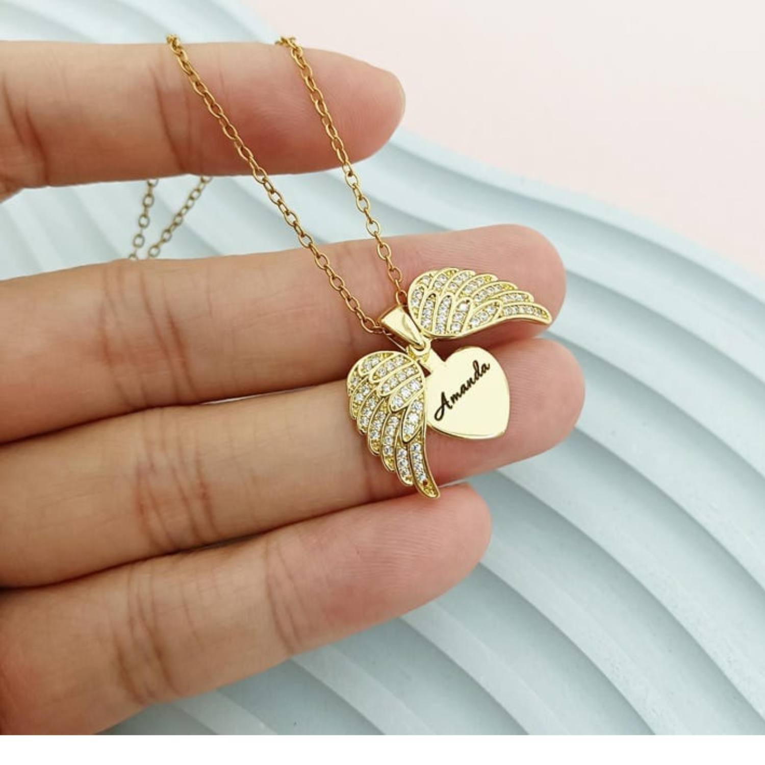 Wings of Love – Custom Name Pendant with Sparkle
